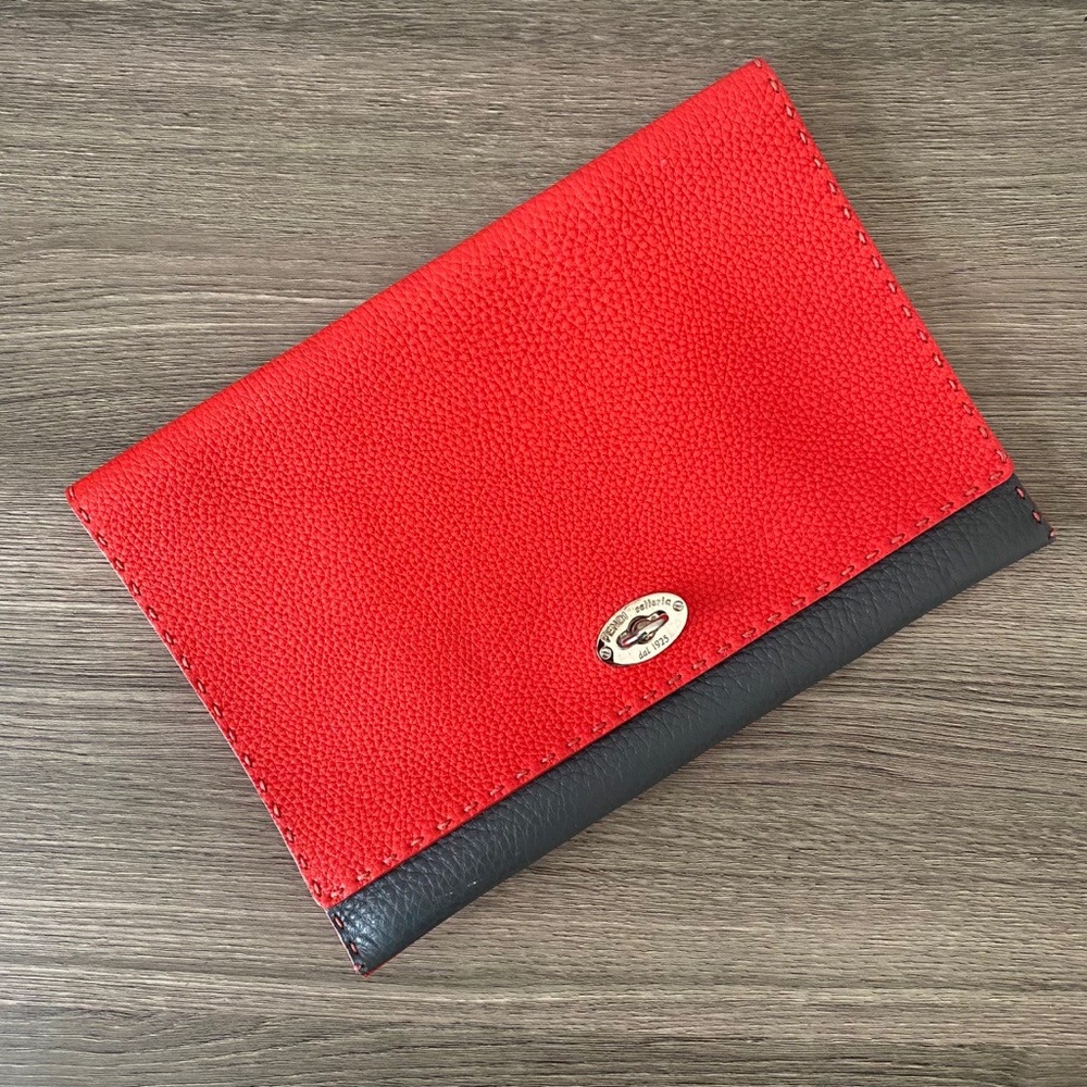Fendi Selleria Leather Colorblock Clutch Bag Red and Gray Pouch Wallet